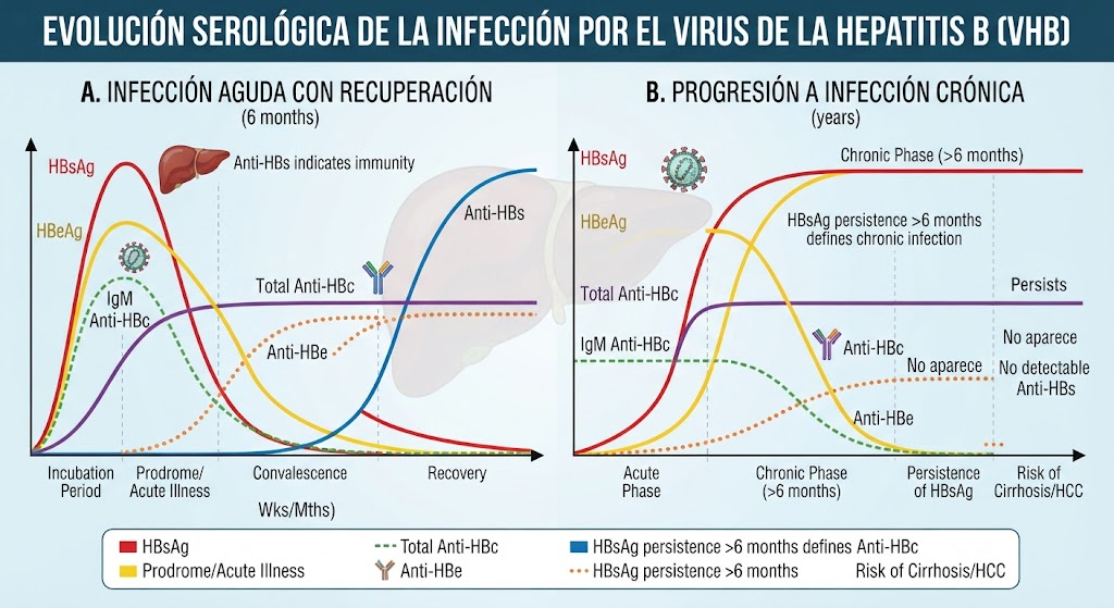 Evolución serológica de hepatitis B aguda con recuperación y progresión a infección crónica