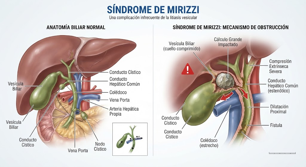Esquema aportado de un cálculo impactado junto a la vía biliar principal en el síndrome de Mirizzi